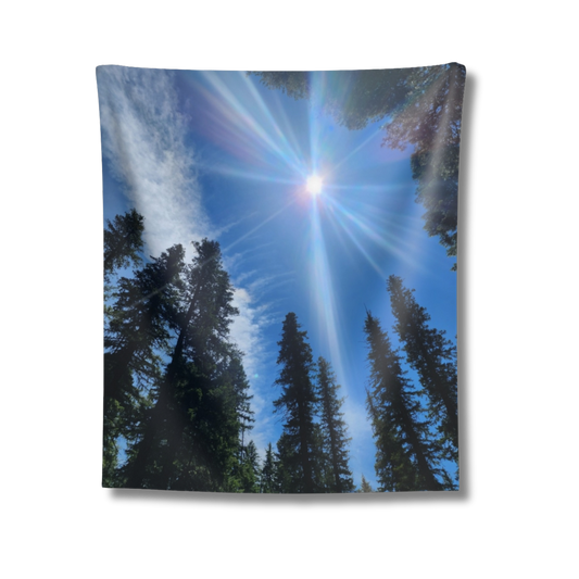 Sunburst Forest Tapestry — Scenic Sky & Tall Pines Wall Hanging