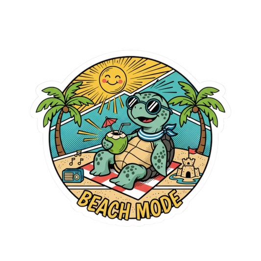 Beach Mode Turtle Sticker — Cute Summer Beach Vibes Kiss-Cut Sticker