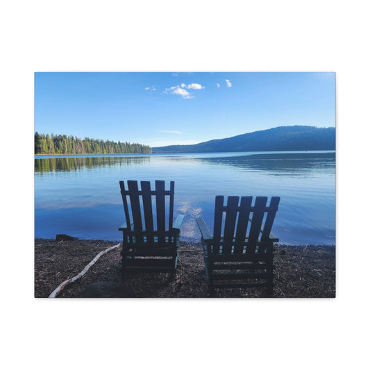 Lakefront Serenity Matte Canvas Print — Adirondack Chairs Over Calm Blue Lake