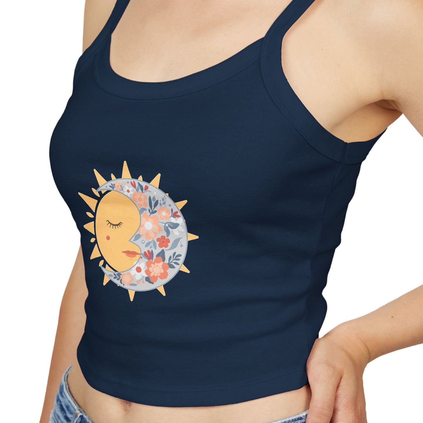Sun & Moon Floral Crop Tank Top — Boho Celestial Spaghetti Strap