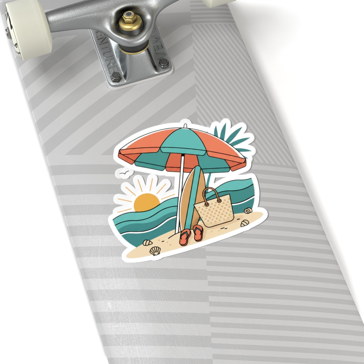 Beach Scene Kiss-Cut Sticker — Summer Umbrella, Surfboard & Tote Laptop Decal
