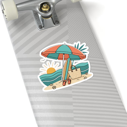 Beach Scene Kiss-Cut Sticker — Summer Umbrella, Surfboard & Tote Laptop Decal