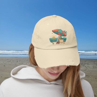 Beach Umbrella Illustration Cap | Summer Beach Scene, Sandcastle, Waves