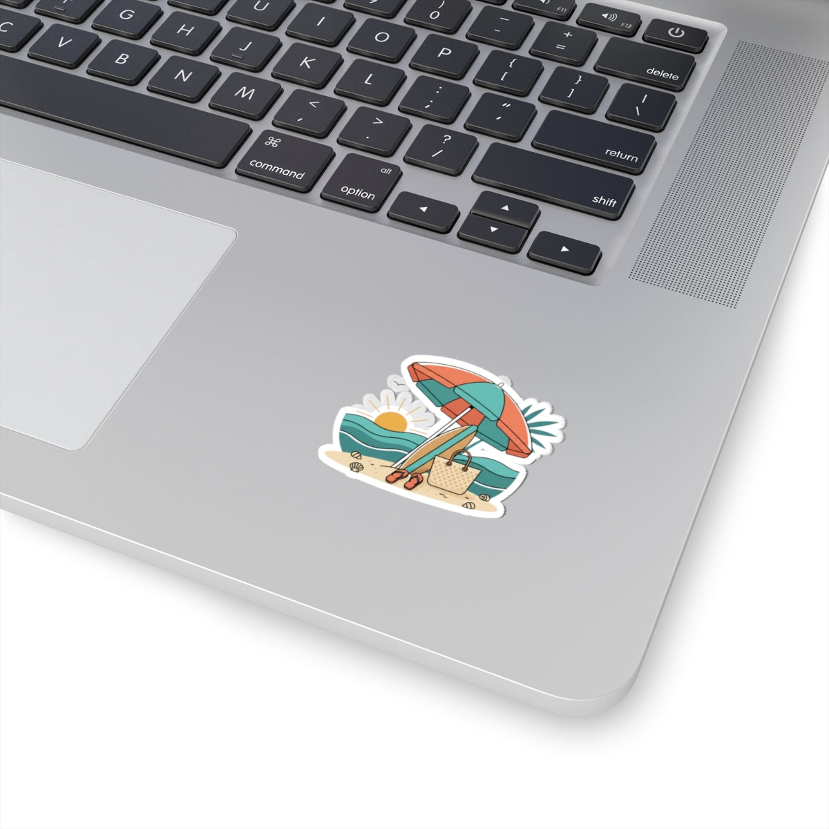 Beach Scene Kiss-Cut Sticker — Summer Umbrella, Surfboard & Tote Laptop Decal