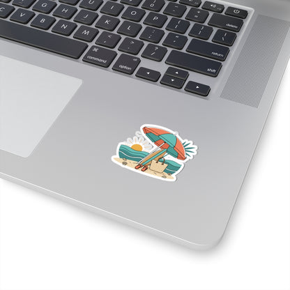Beach Scene Kiss-Cut Sticker — Summer Umbrella, Surfboard & Tote Laptop Decal