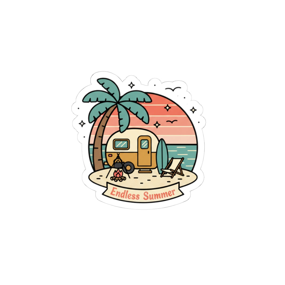 Endless Summer Camper Sticker — Retro Beach Kiss-Cut Decal