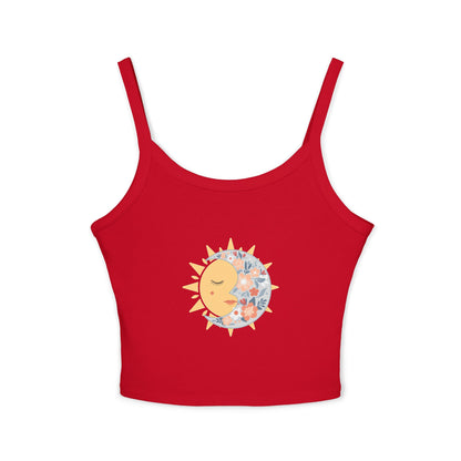 Sun & Moon Floral Crop Tank Top — Boho Celestial Spaghetti Strap