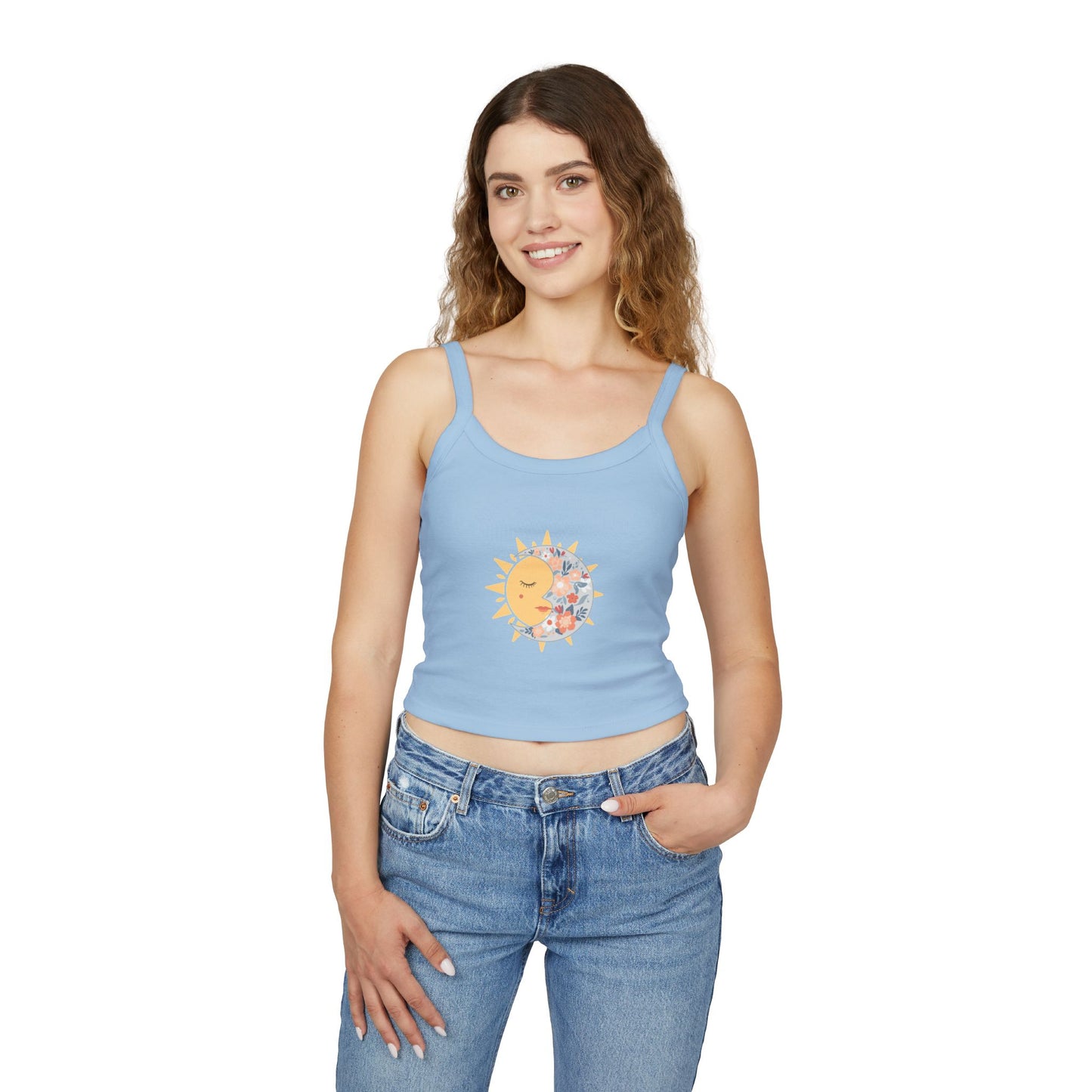 Sun & Moon Floral Crop Tank Top — Boho Celestial Spaghetti Strap