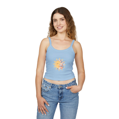 Sun & Moon Floral Crop Tank Top — Boho Celestial Spaghetti Strap