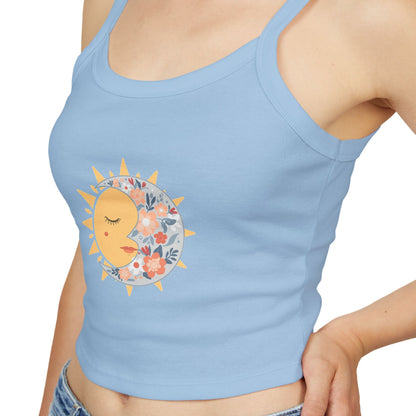 Sun & Moon Floral Crop Tank Top — Boho Celestial Spaghetti Strap