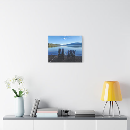 Lakefront Serenity Matte Canvas Print — Adirondack Chairs Over Calm Blue Lake