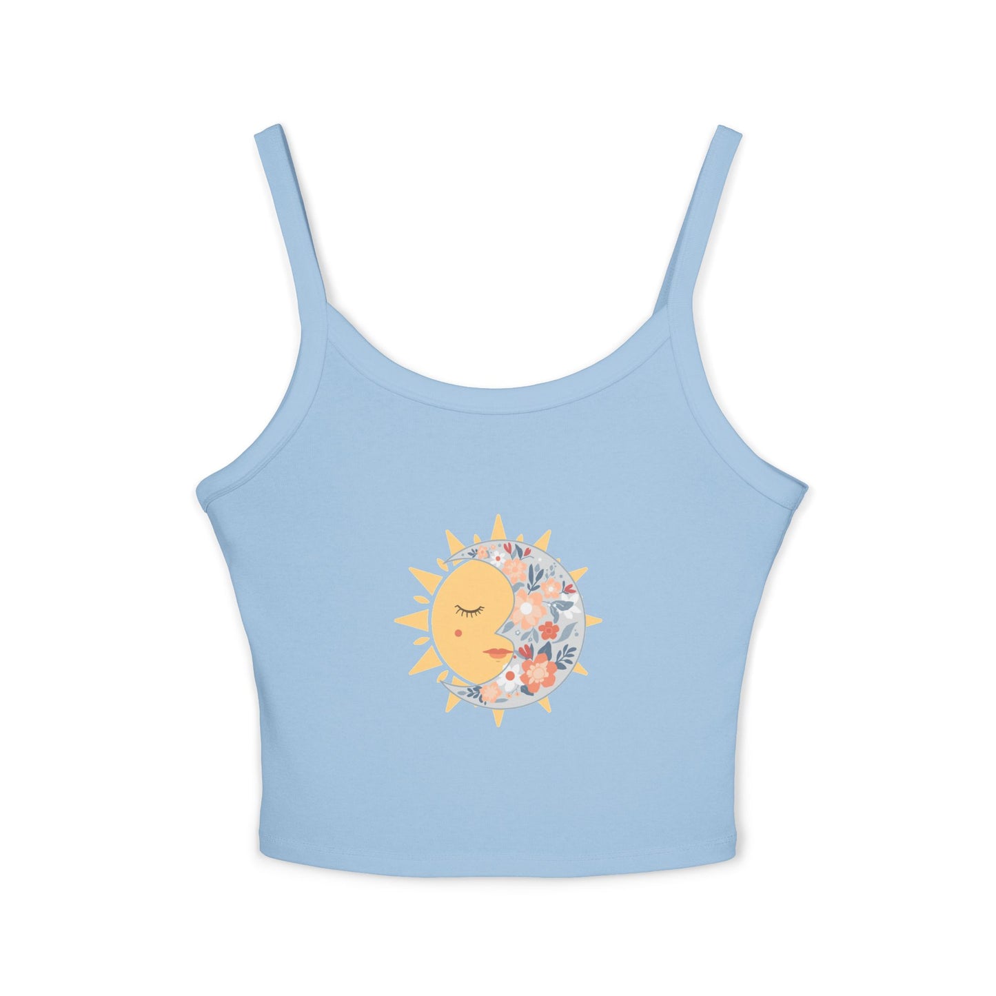 Sun & Moon Floral Crop Tank Top — Boho Celestial Spaghetti Strap