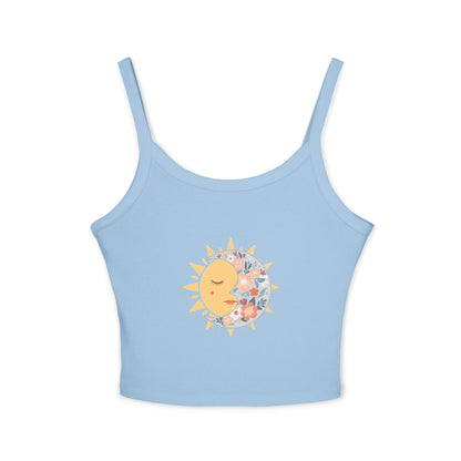 Sun & Moon Floral Crop Tank Top — Boho Celestial Spaghetti Strap