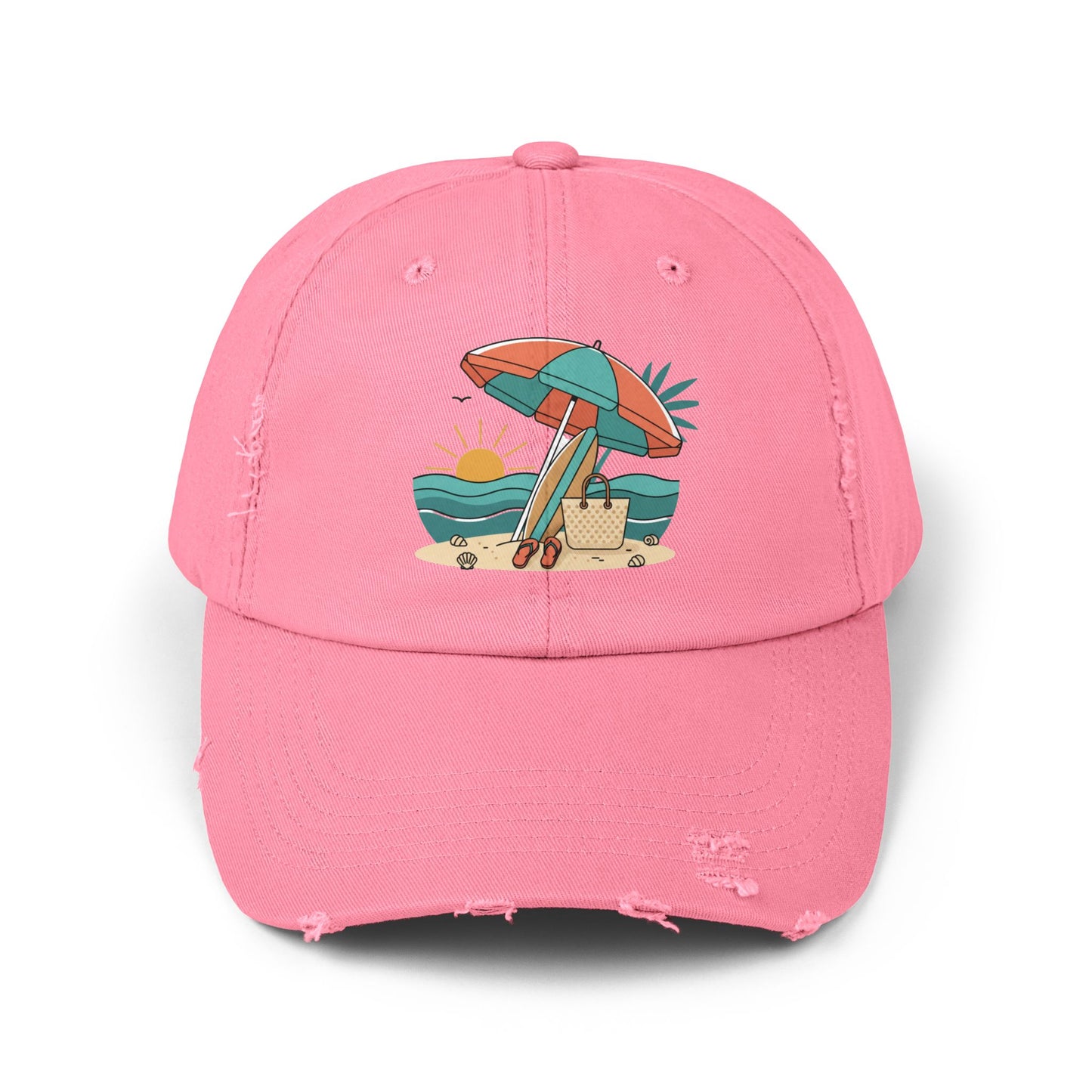 Beach Umbrella Illustration Cap | Summer Beach Scene, Sandcastle, Waves
