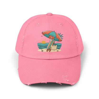 Beach Umbrella Illustration Cap | Summer Beach Scene, Sandcastle, Waves