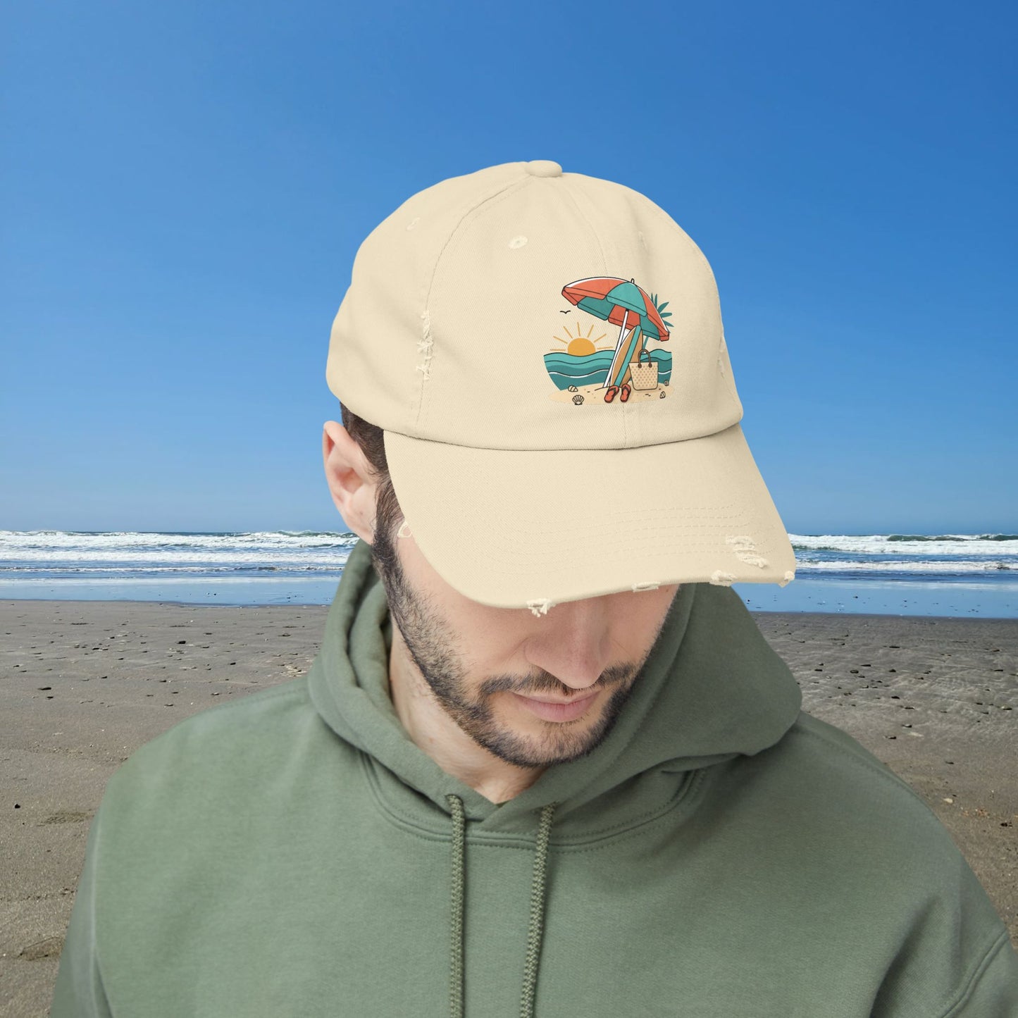 Beach Umbrella Illustration Cap | Summer Beach Scene, Sandcastle, Waves