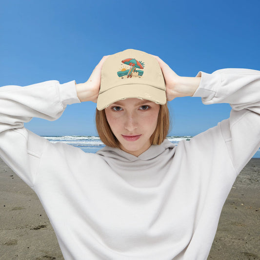 Beach Umbrella Illustration Cap | Summer Beach Scene, Sandcastle, Waves