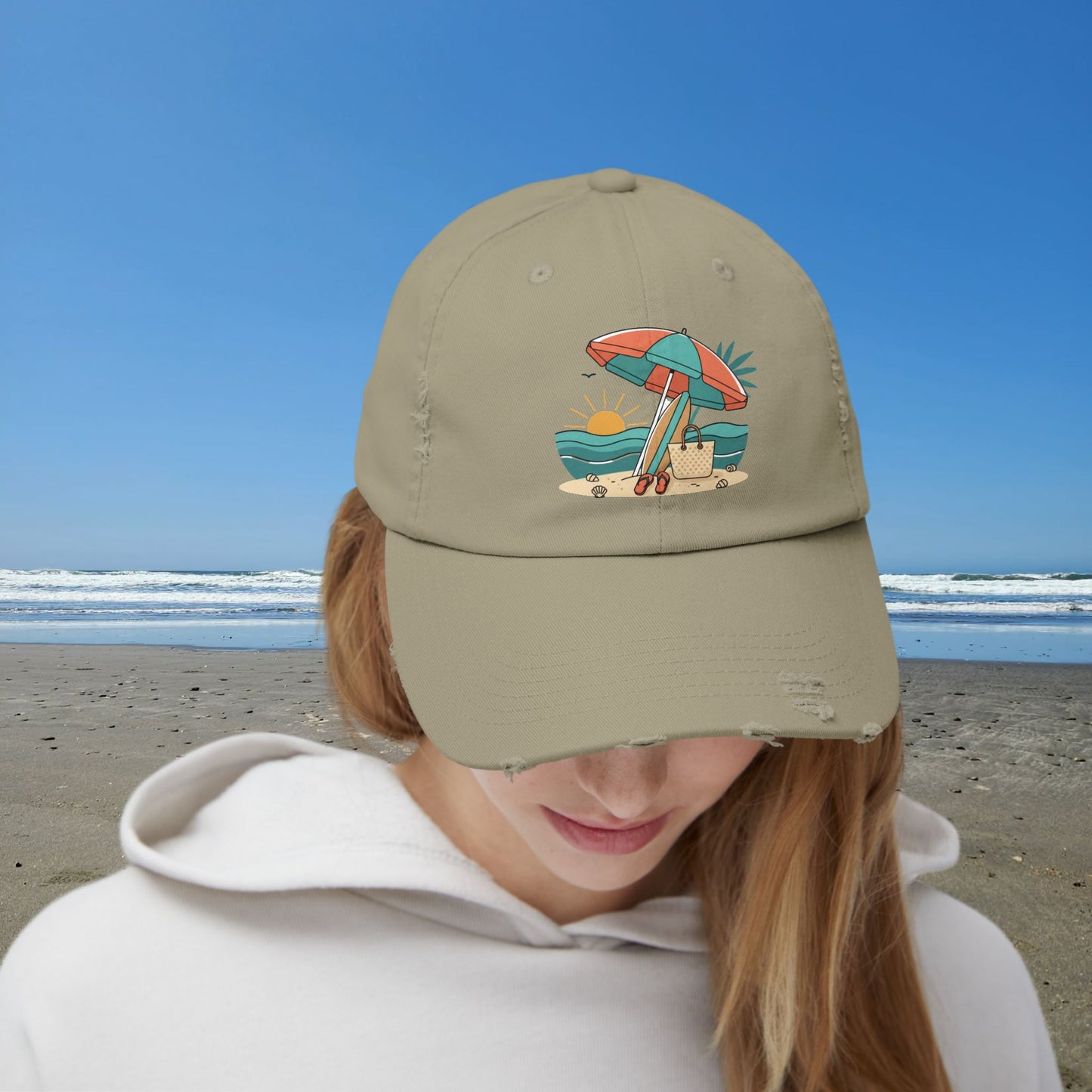 Beach Umbrella Illustration Cap | Summer Beach Scene, Sandcastle, Waves