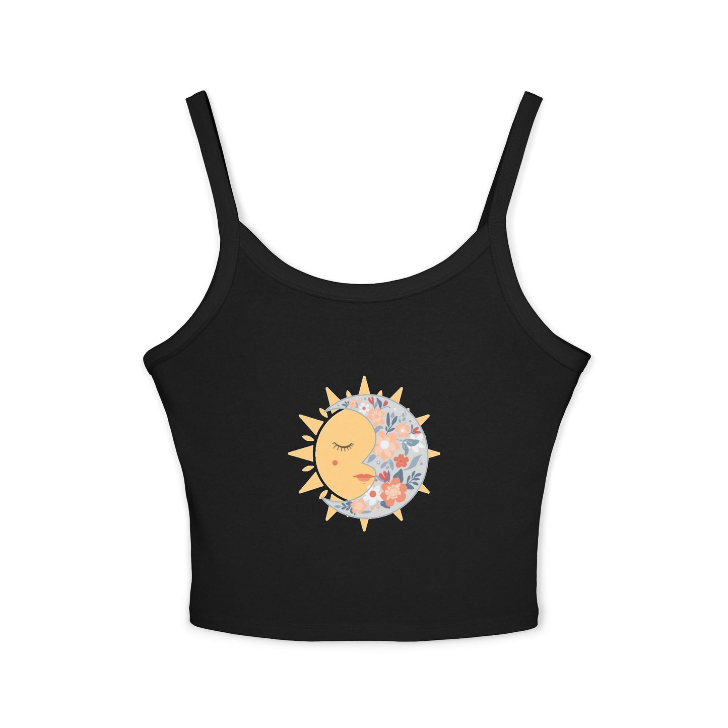 Sun & Moon Floral Crop Tank Top — Boho Celestial Spaghetti Strap