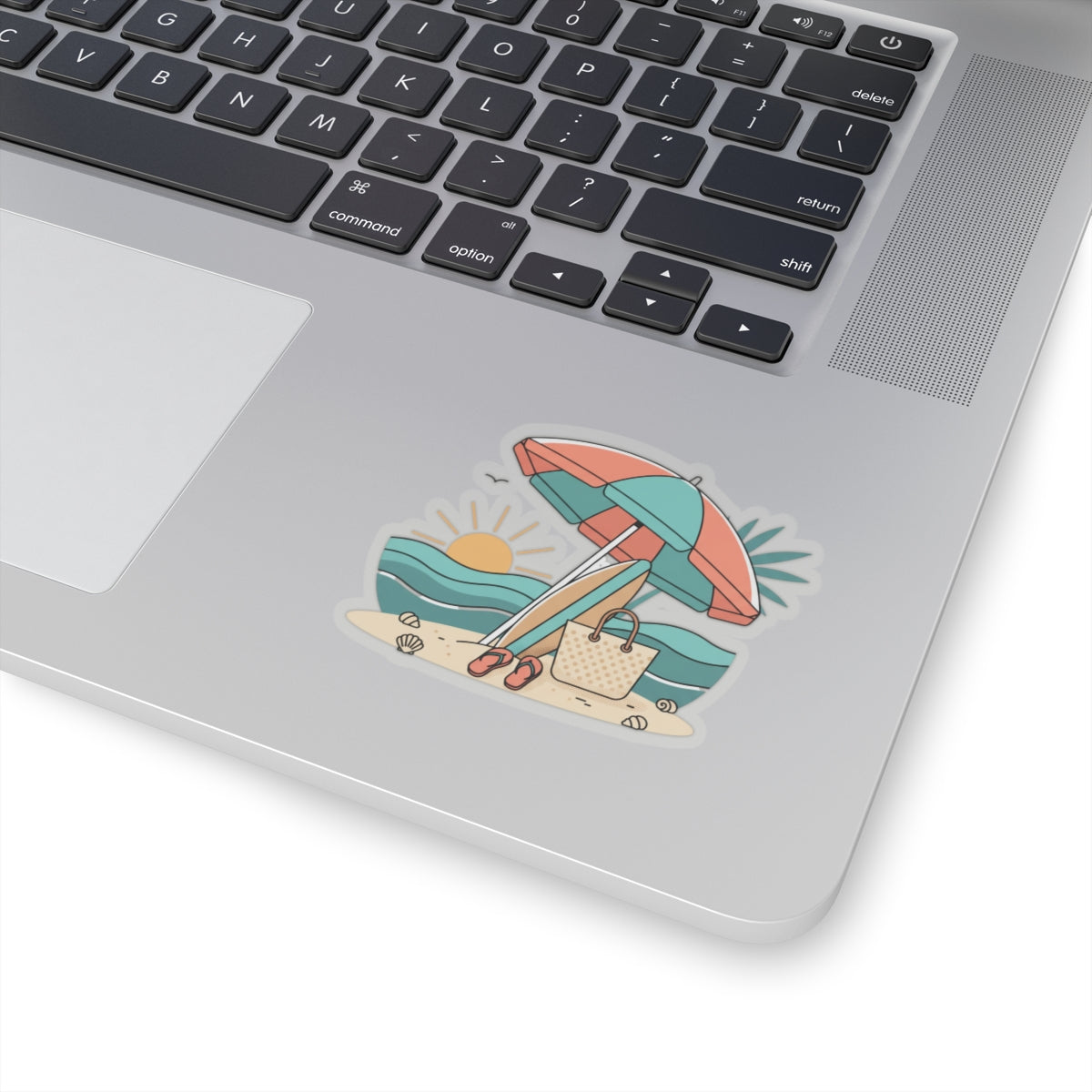 Beach Scene Kiss-Cut Sticker — Summer Umbrella, Surfboard & Tote Laptop Decal