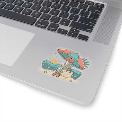 Beach Scene Kiss-Cut Sticker — Summer Umbrella, Surfboard & Tote Laptop Decal