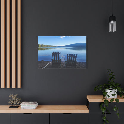 Lakefront Serenity Matte Canvas Print — Adirondack Chairs Over Calm Blue Lake