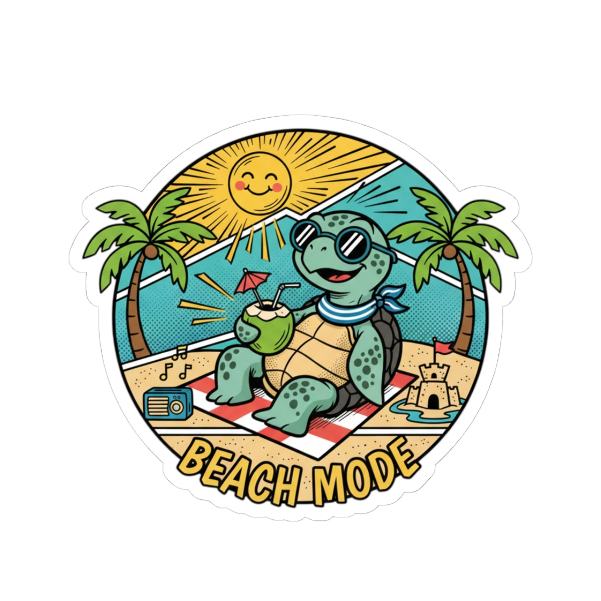 Beach Mode Turtle Sticker — Cute Summer Beach Vibes Kiss-Cut Sticker