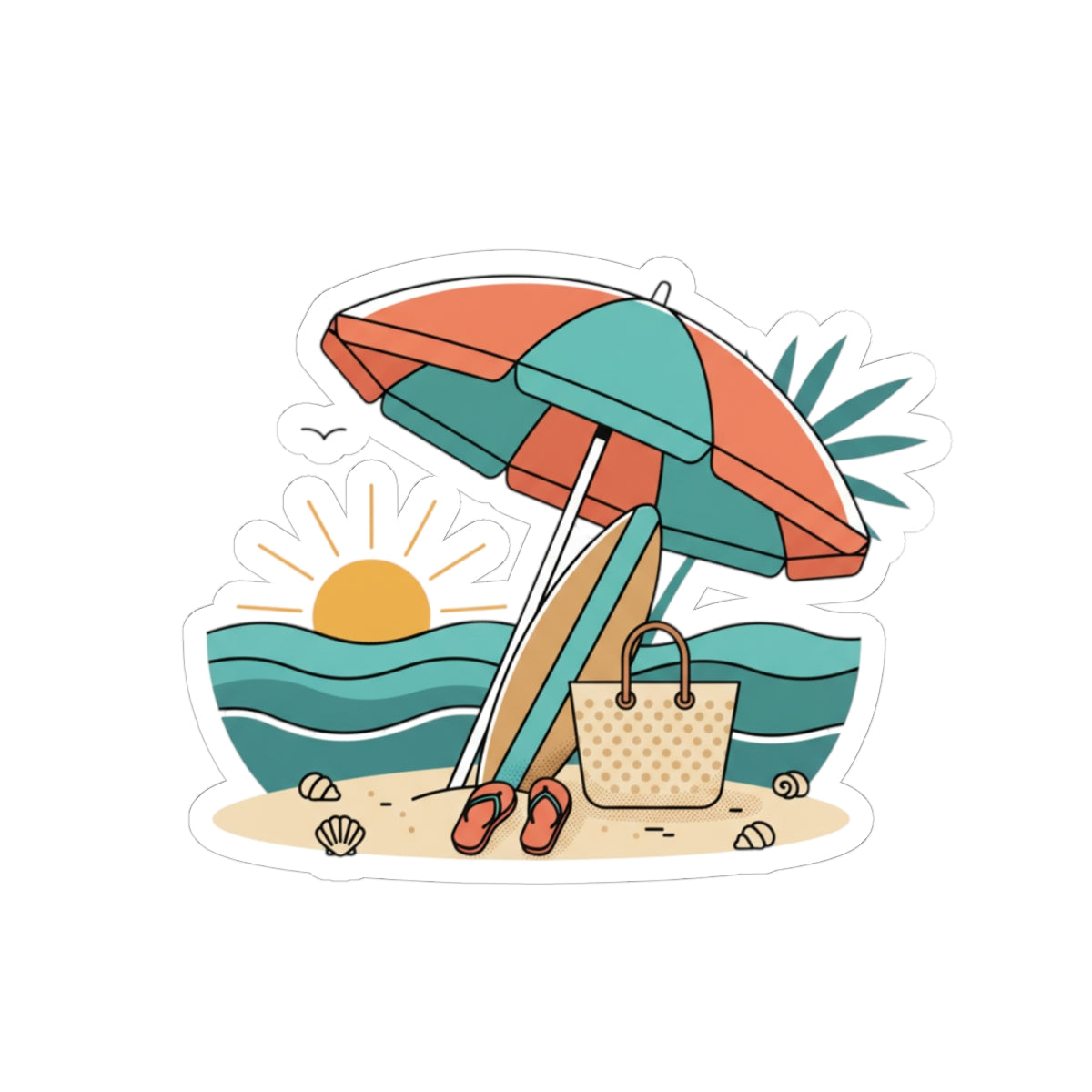 Beach Scene Kiss-Cut Sticker — Summer Umbrella, Surfboard & Tote Laptop Decal