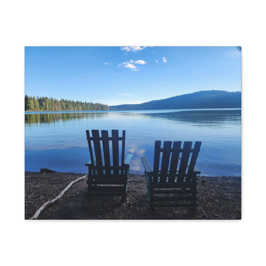 Lakefront Serenity Matte Canvas Print — Adirondack Chairs Over Calm Blue Lake