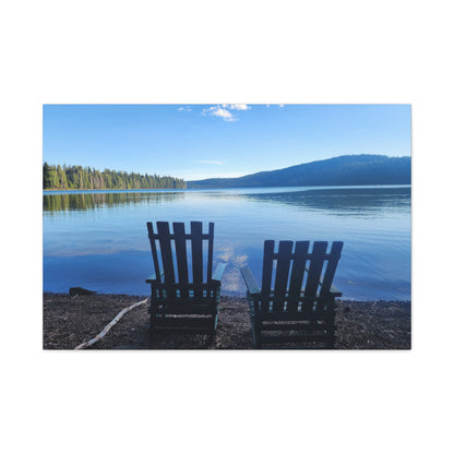Lakefront Serenity Matte Canvas Print — Adirondack Chairs Over Calm Blue Lake