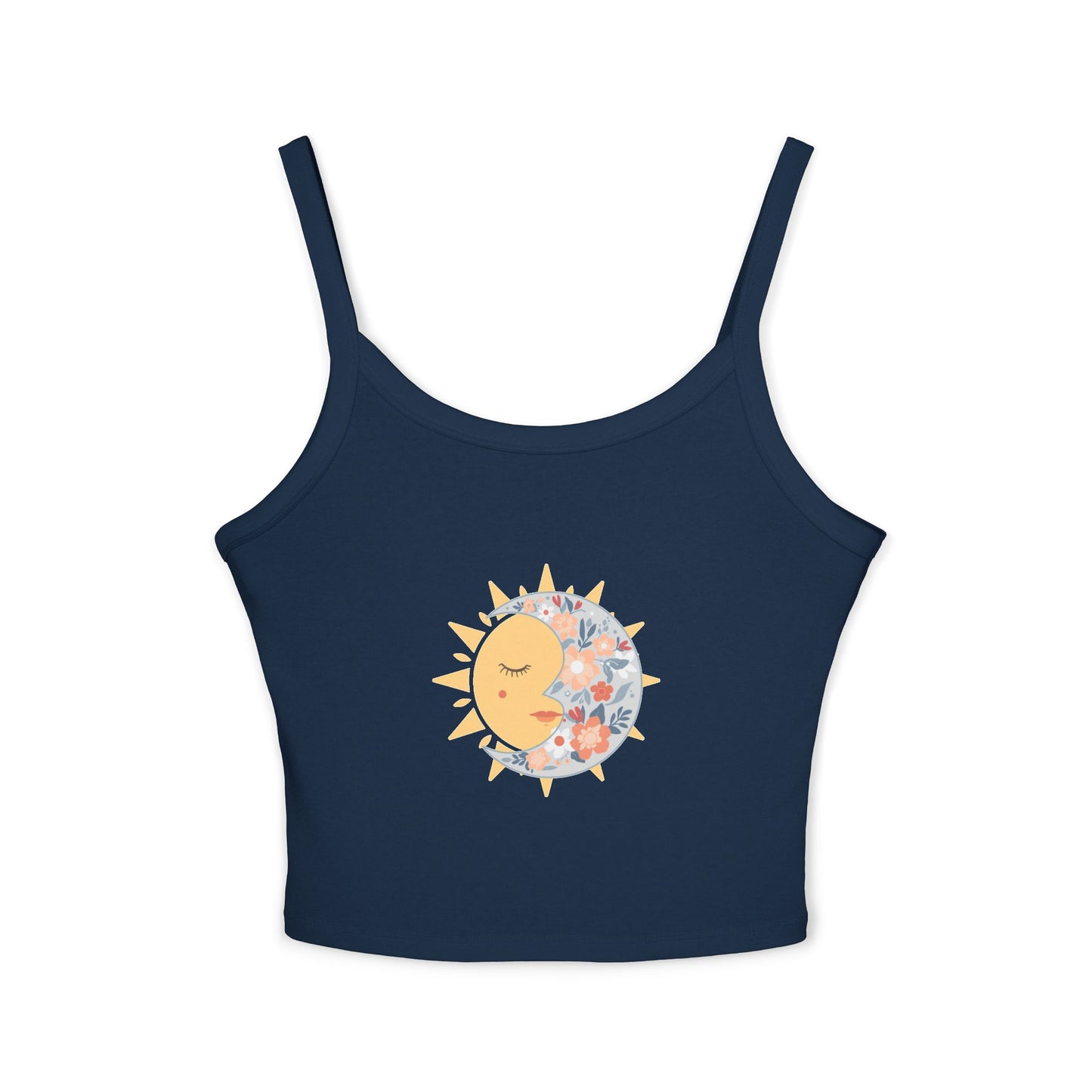 Sun & Moon Floral Crop Tank Top — Boho Celestial Spaghetti Strap