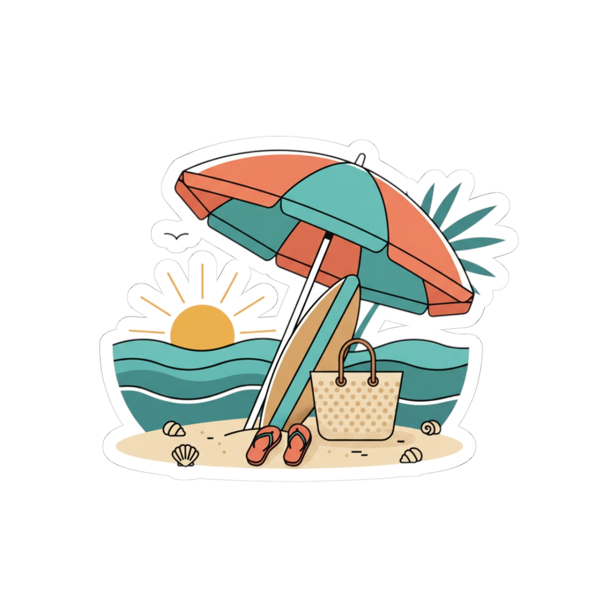 Beach Scene Kiss-Cut Sticker — Summer Umbrella, Surfboard & Tote Laptop Decal