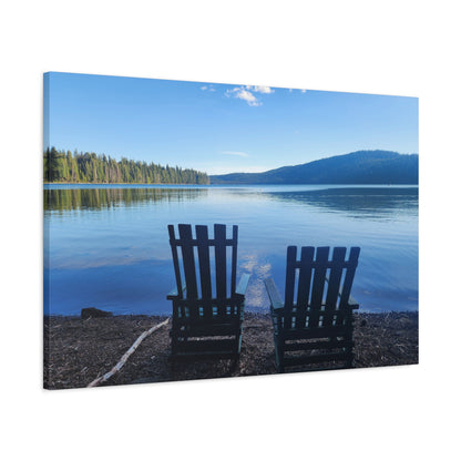 Lakefront Serenity Matte Canvas Print — Adirondack Chairs Over Calm Blue Lake