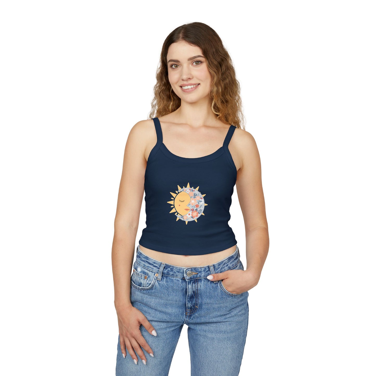 Sun & Moon Floral Crop Tank Top — Boho Celestial Spaghetti Strap