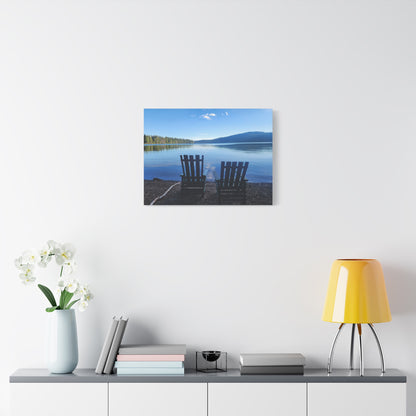 Lakefront Serenity Matte Canvas Print — Adirondack Chairs Over Calm Blue Lake