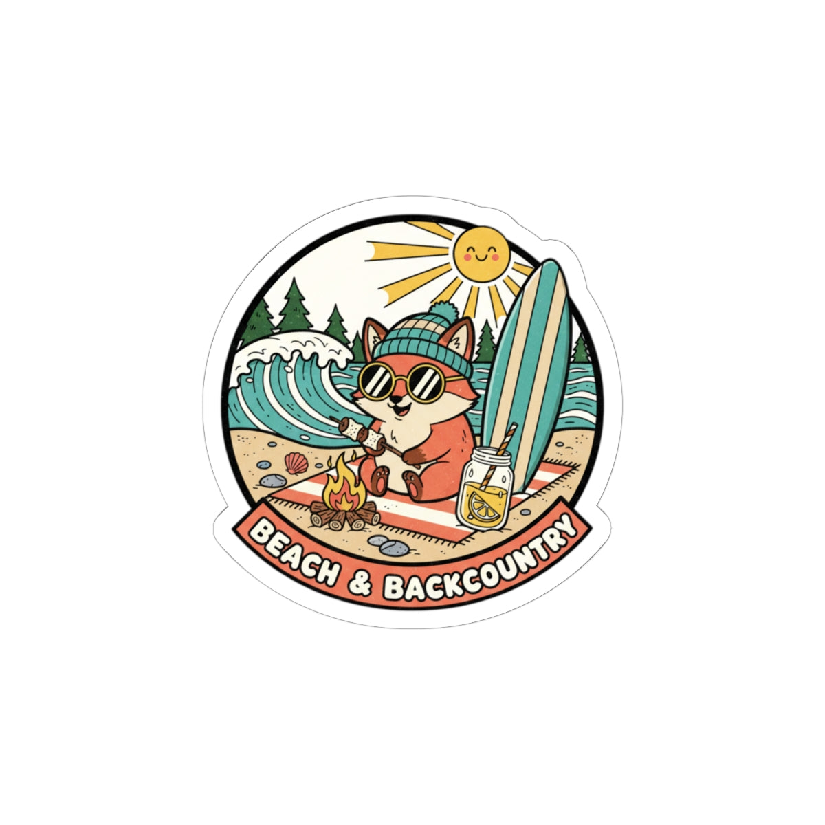 Beach & Backcountry Surf Camper Sticker — Kiss-Cut Vinyl Outdoor Adventure Laptop Decal