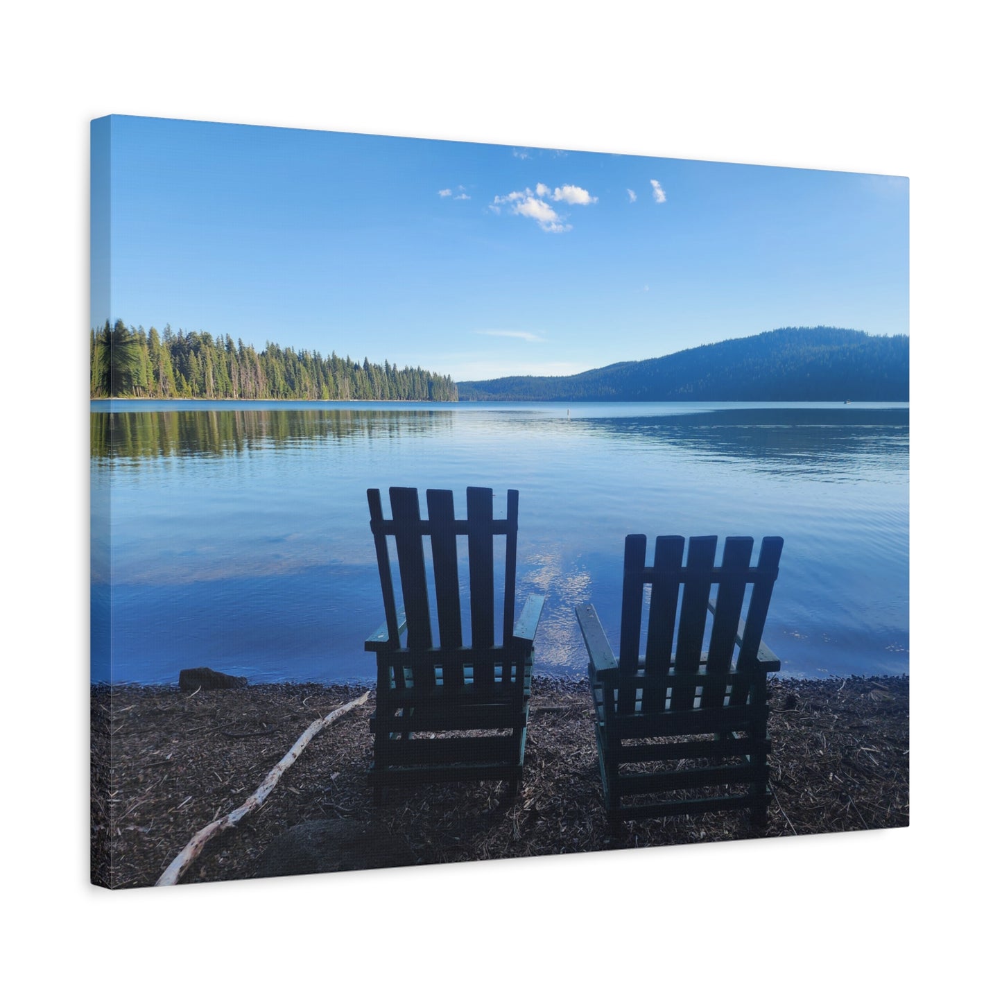 Lakefront Serenity Matte Canvas Print — Adirondack Chairs Over Calm Blue Lake