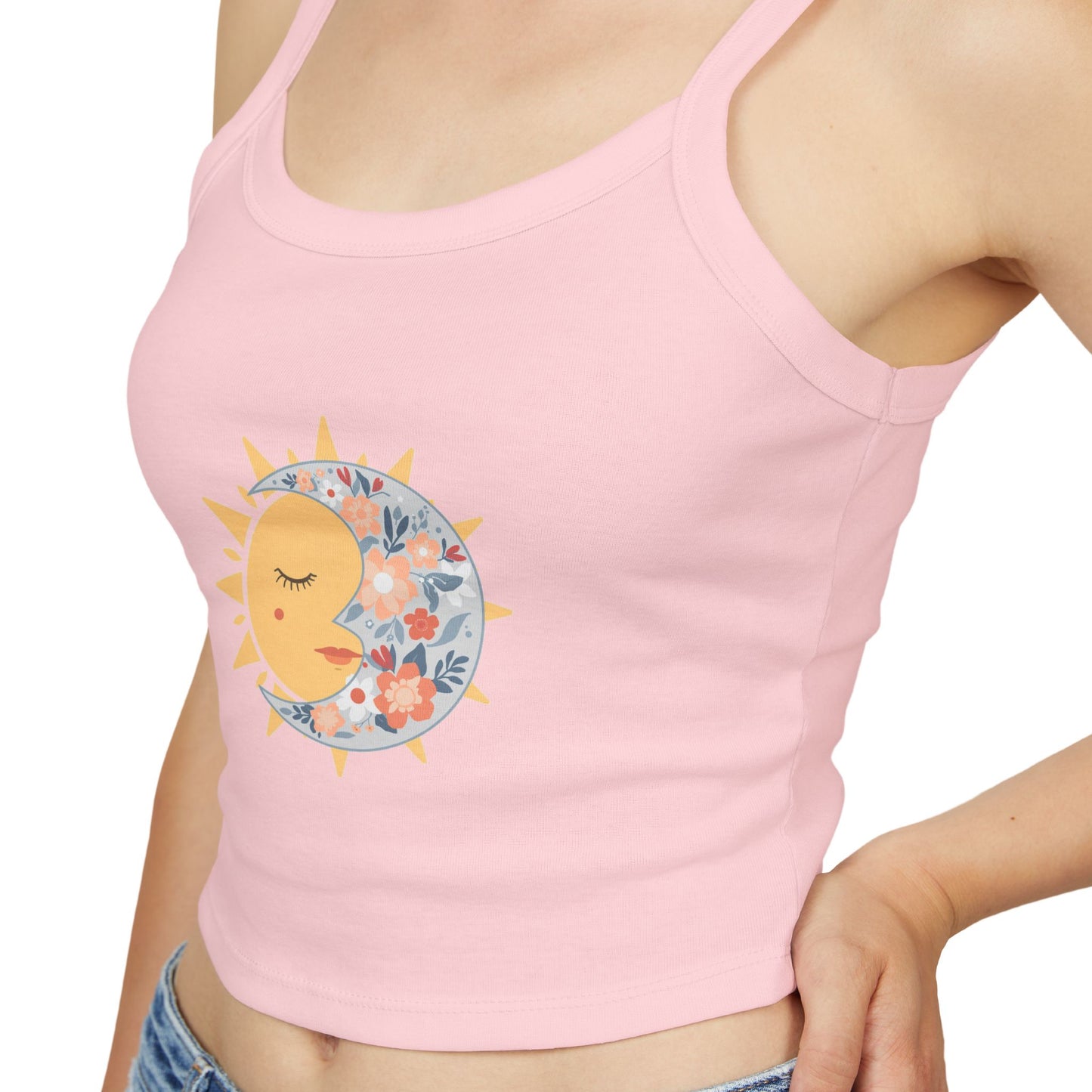 Sun & Moon Floral Crop Tank Top — Boho Celestial Spaghetti Strap