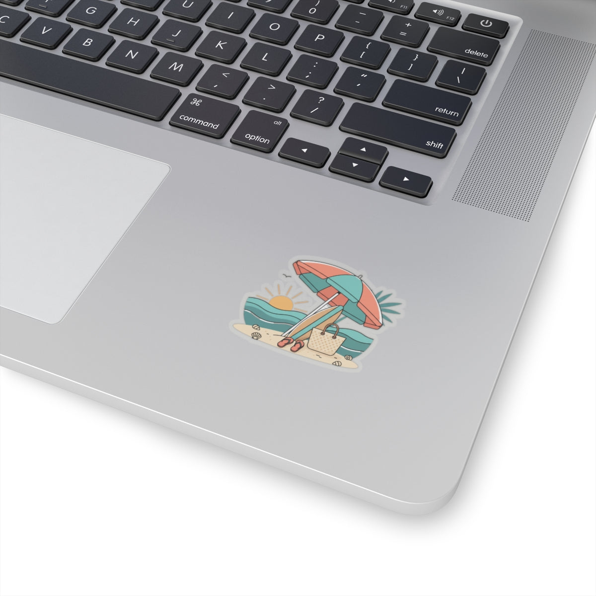 Beach Scene Kiss-Cut Sticker — Summer Umbrella, Surfboard & Tote Laptop Decal