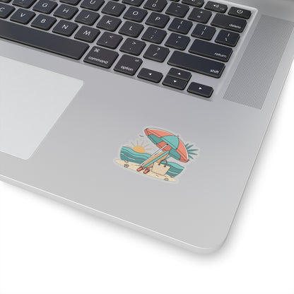 Beach Scene Kiss-Cut Sticker — Summer Umbrella, Surfboard & Tote Laptop Decal