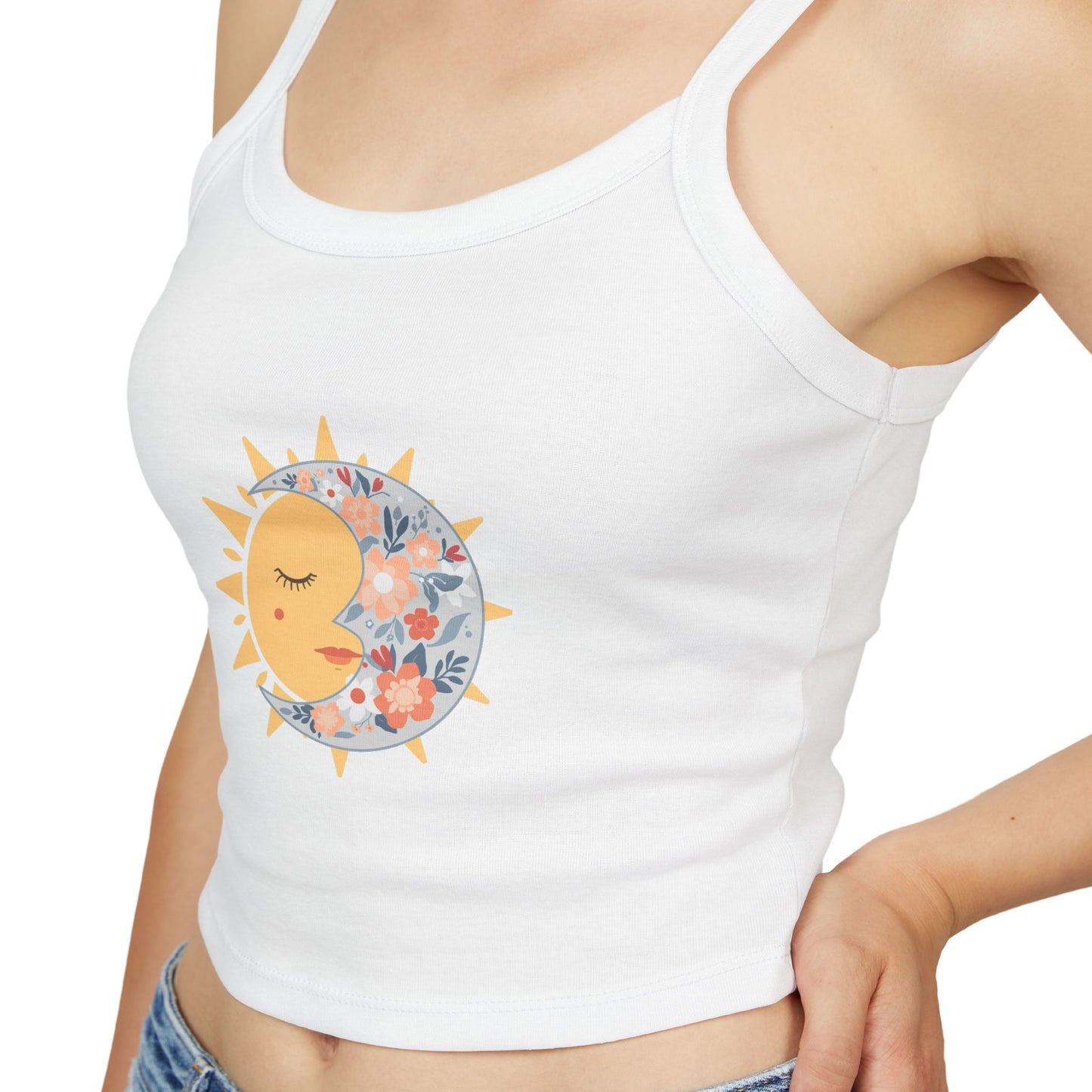 Sun & Moon Floral Crop Tank Top — Boho Celestial Spaghetti Strap