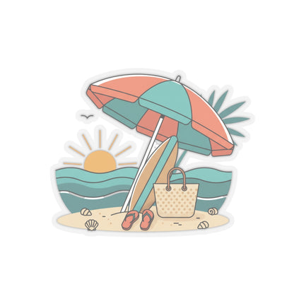 Beach Scene Kiss-Cut Sticker — Summer Umbrella, Surfboard & Tote Laptop Decal