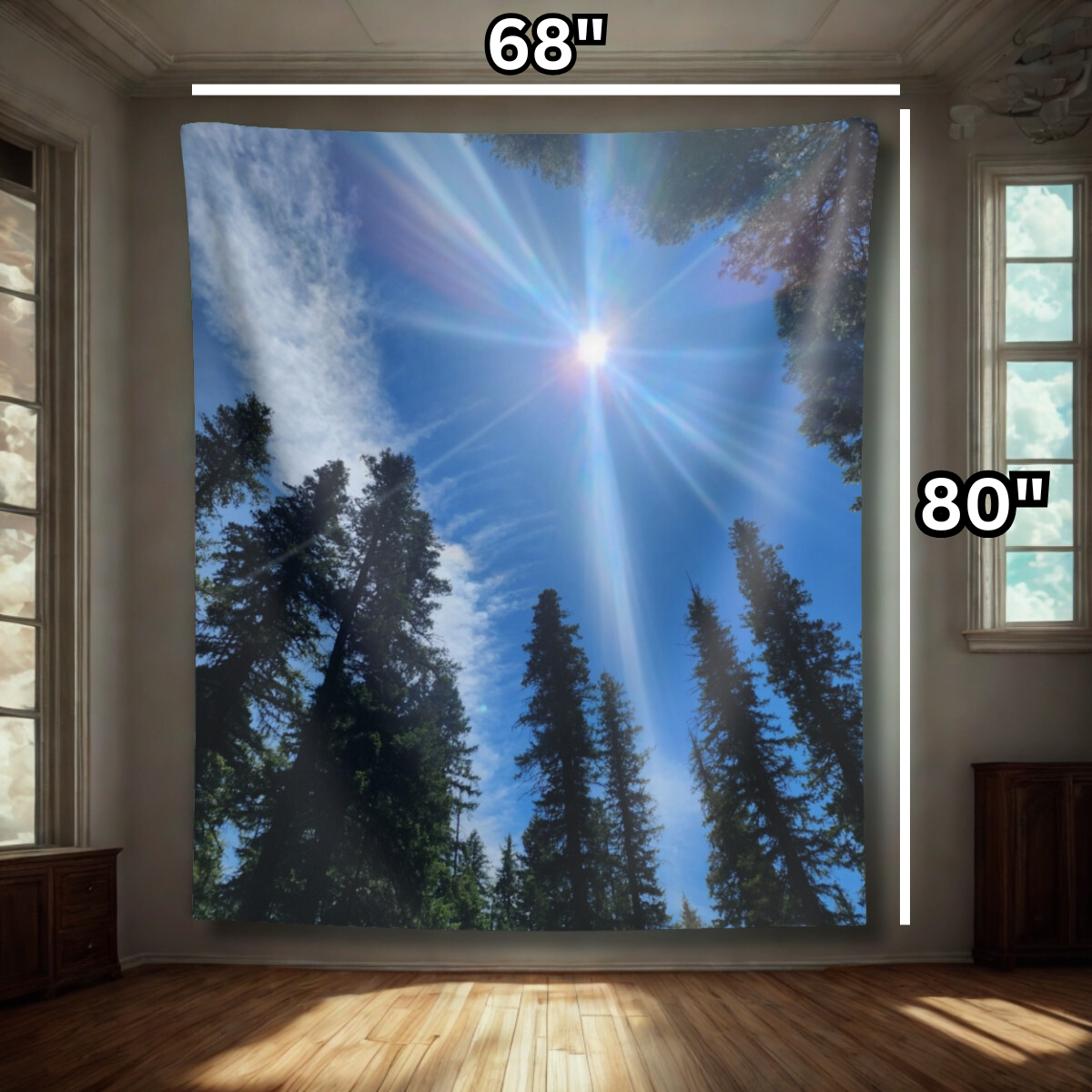 Sunburst Forest Tapestry — Scenic Sky & Tall Pines Wall Hanging