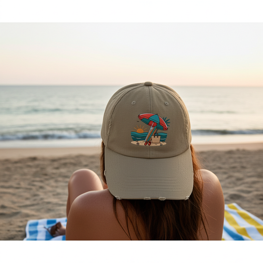 Beach Umbrella Illustration Cap | Summer Beach Scene, Sandcastle, Waves