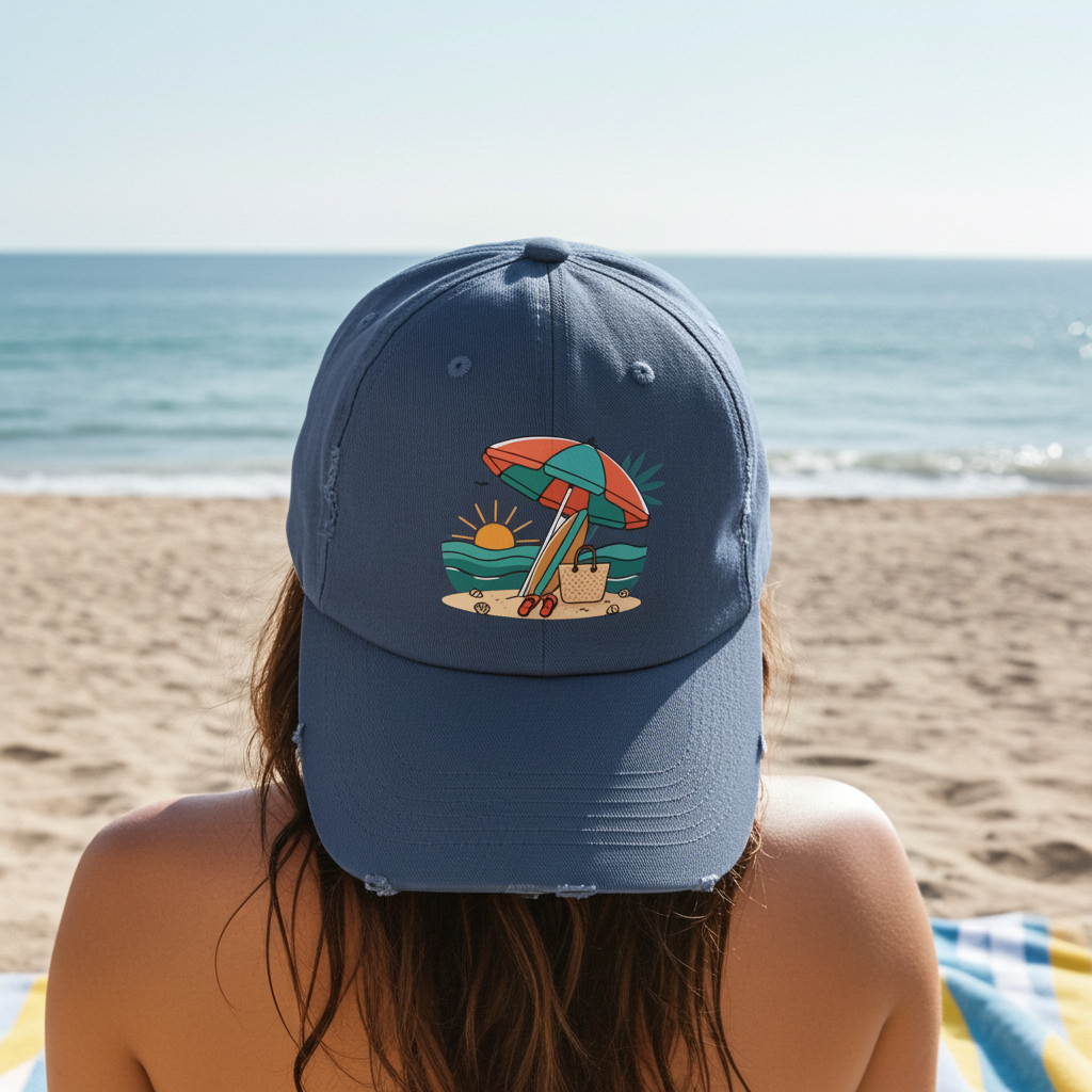 Beach Umbrella Illustration Cap | Summer Beach Scene, Sandcastle, Waves