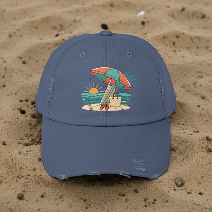 Beach Umbrella Illustration Cap | Summer Beach Scene, Sandcastle, Waves