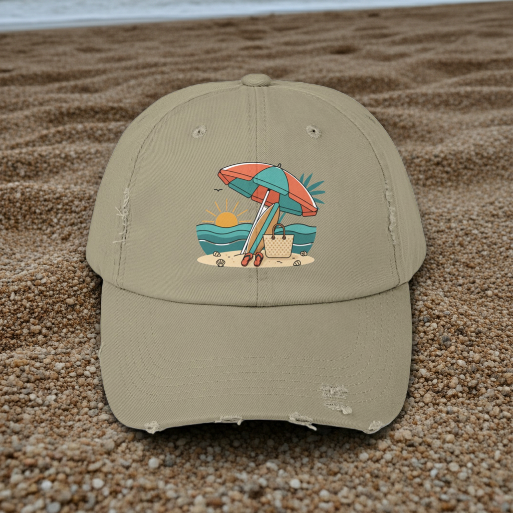 Beach Umbrella Illustration Cap | Summer Beach Scene, Sandcastle, Waves