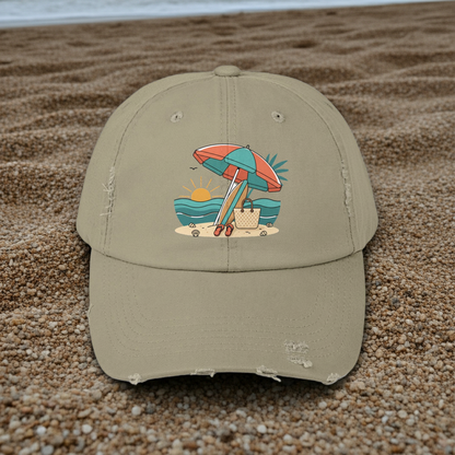 Beach Umbrella Illustration Cap | Summer Beach Scene, Sandcastle, Waves