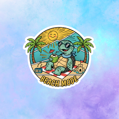 Beach Mode Turtle Sticker — Cute Summer Beach Vibes Kiss-Cut Sticker