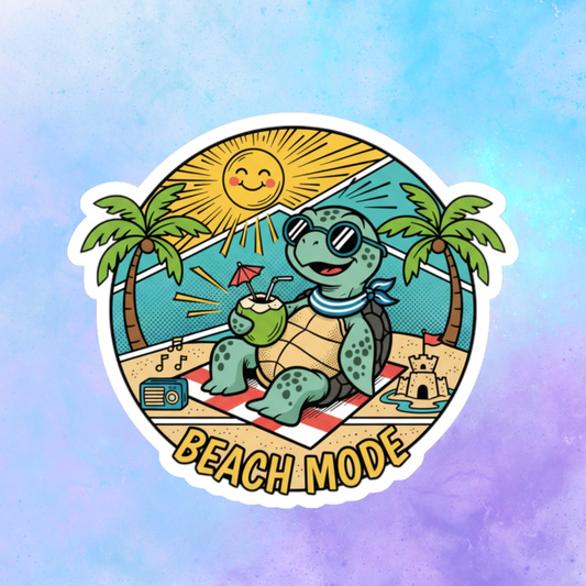 Beach Mode Turtle Sticker — Cute Summer Beach Vibes Kiss-Cut Sticker